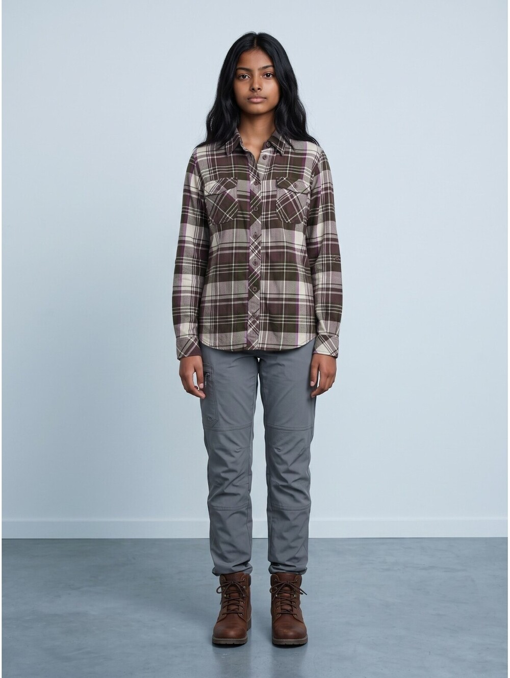 Duluth Trading Co Convertible Sleeve Flannel Shirt-Size Medium-Purple Plaid